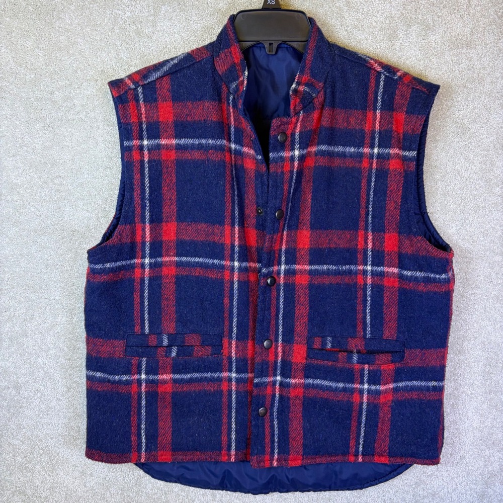 Vintage Deep North Reversible Vest Men MED Blue Red Plaid Wool Blend 1970s 80s